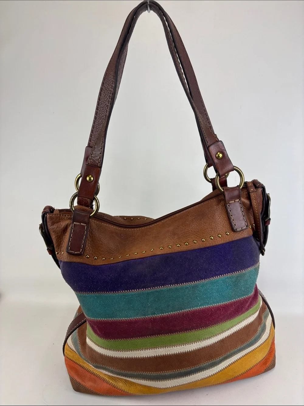 FOSSIL Leather Suede Colorful Patchwork Hobo Shoulder Bag